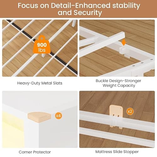 DICTAC Full Corner Bed Frame with Storage Drawers,Bookcase Headboard and Charging Station Full Size Metal Platform Corner Bed Frame with Storage and Led Lights Full Size Daybed for Teen Adult,White thumbnail 9