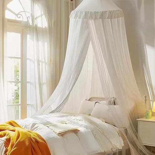Bed Canopy with Star Lights, Double Layer Canopy for Bed, Princess Play Tent for Girls Room, Breathable Canopy Bed Curtain for Children Reading Nook, Machine Washable Canopy, 25.6''x106'', White - Image 1