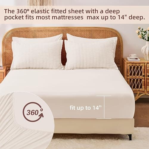FUANNA Twin Comforter Set 5 Pieces, Luxury Seersucker Twin Bed Set for All Seasons, Soft Twin Bed in a Bag with Comforter, Flat Sheet, Fitted Sheet, Pillowcase & Sham for Bedroom, Beige thumbnail 7