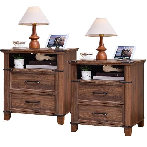 Senfarime 22" Nightstand, 2PCS Farmhouse Nightstand with 2 Drawers,Industrial Bedside Table with Open Shelf for Bedroom Living Room,Office Bed Side Tables Couch End Table,Brown - Image 1