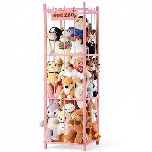 LAMU Stuffed Animal Storage, Wooden Zoo Stuffed Animal Holder with Elastic Cords, Space Save Toy Organizer, Extra Large Capacit Stuffed Animal Organizer for Playroom, Bedroom, Nursery, Pink - Image 1