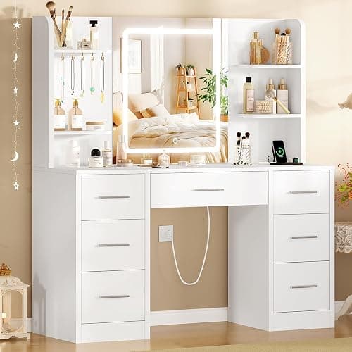 FIONESO Large Vanity Desk with LED Lighted Mirror & Power Outlet, Makeup Vanity Table with 7 Drawers,4 Shelves and 5 Hooks, White Vanity for Bedroom, Bathroom thumbnail 3