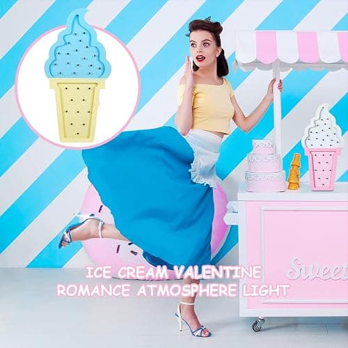 Mudder 2 Pcs Ice Cream Decor Wooden LED Night Light Romance Atmosphere Light Ice Cream Theme Party Lamps Battery Operated LED Night Lights for Spring Party Birthday Wedding(Blue-Yellow) thumbnail 4