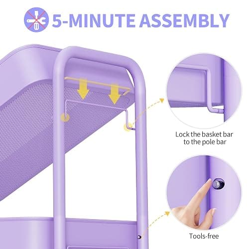 TOOLF 3-Tier Metal Rolling Cart with Wheels, Storage Utility Organizer Cart for Kitchen, Bathroom, Office, Baby Essentials & Makeup - Lockable Casters, Easy Assembly, Large Capacity, Purple thumbnail 4