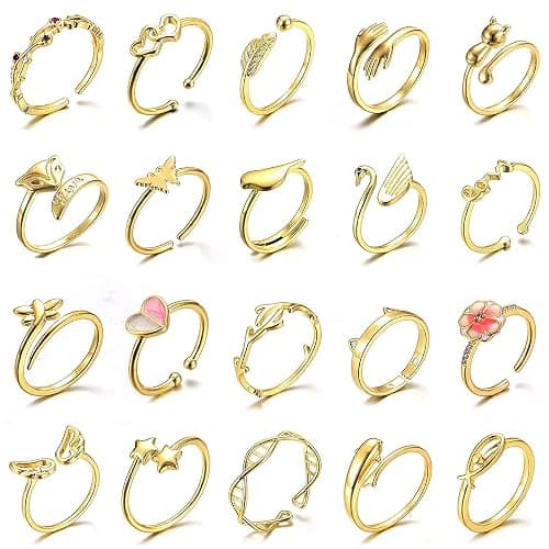 TAMHOO 20 Pcs Adjustable Rings Set for Women - Finger Rings Pack Stackable Rings for Teens- Cute Rings for Teen Girls -in Gold and Silver Tone - Image 1