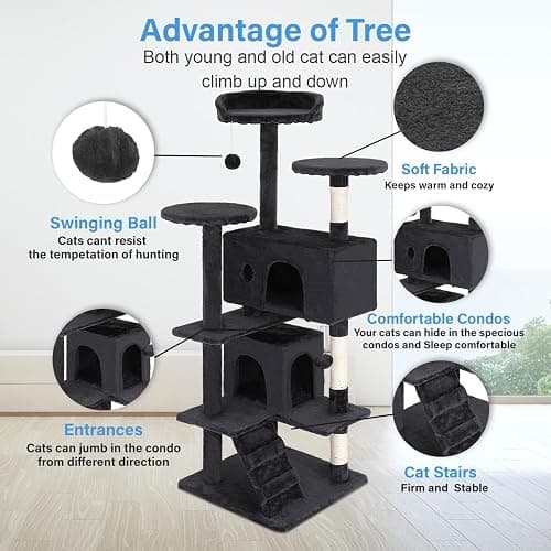 FDW | 54" Cat Tree Tower | Dark Gray | Multi-Level Indoor Activity Center with Sisal Scratching Posts, Condos, Plush Perches, Hanging Cat Toys | Sturdy, Easy to Assemble | for Kittens & Adult Cats thumbnail 3