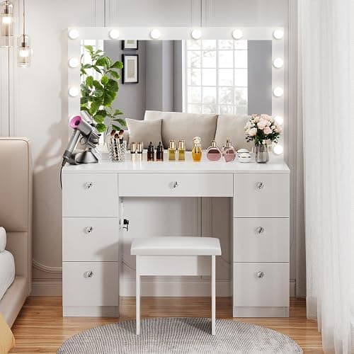 VOWNER Vanity with Lighted Mirror - Makeup Vanity Desk with Power Outlet and 7 Drawers, 3 Color Lighting Modes Adjustable Brightness, 44" Vanity Table with Soft Cushioned Stool for Women Girls, White thumbnail 7