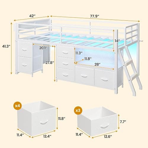 ADORNEVE Low Loft Bed Twin Size with 7 Storage Drawers, Bookcase and LED Lights, Metal Kids Loft Bed with 14" H Safety Guardrail,Inclined Ladder and Play Curtain, Under-Bed Play Space, White thumbnail 2