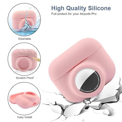 2 in 1 Protective Case for Apple AirPods Pro Air Tag Holder Combo, Soft Silicone Airpods Pro AirTag Case with 2 PCS Screen Protector, Anti-Scratch Anti-Fall Anti-Lost Shockproof Durable(Pink) thumbnail 2