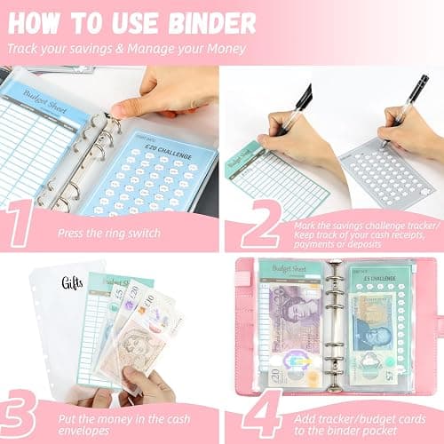 2 in 1 Budget Planner, A6 Money Saving Wallet with 7 Savings Challenge Trackers, Budget Binder with 12 Cash Envelopes and 12 Expense Sheets, Cash Stuffing Money Organiser Book for Travel Diary, Pink thumbnail 7