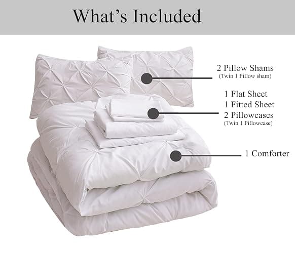Lane Linen Full Comforter Set – 7 Piece Bed in a Bag – Pinch Pleated Full Size Bedding Set with Comforter, Flat Sheet, Fitted Sheet, Pillowcase & Sham – Soft Pintuck Bed Set - White thumbnail 6