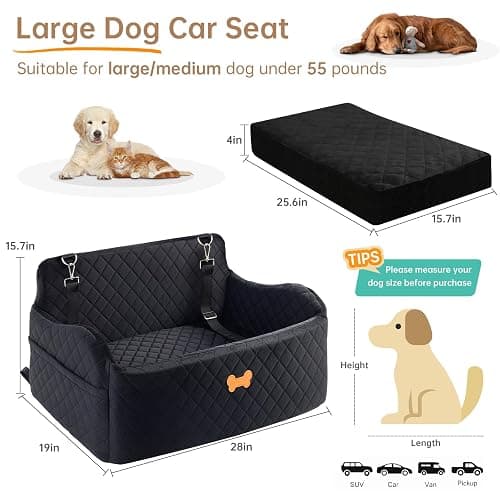 KEELUXE Car Seat for Large Size Dog, Booster Seat for Dogs Under 55 lbs or 2 Small Dogs, Soft Car Dog Bed Filling in Thick Memory Foam with 2 Safety Leashes and Storage Pocket (Black) thumbnail 4