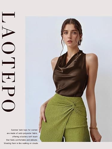 LAOTEPO Cowl Neck Halter Tops for Women Silk Satin Going Out Tank Top Trendy Summer Camisole Business Casual Blouses Outfits thumbnail 5