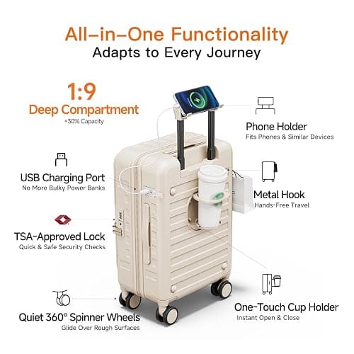 DTA Nova Top Opening Expandable Lightweight PC Hard Shell Suitcase, 20 Inch Carry On Luggage with TSA Lock, 360 Silent Spinner Wheels, Cup Holder, Ideal for Business Travel Suitcase (Beige) thumbnail 3