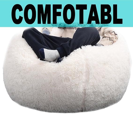 Fluffy Stuffed Animal Storage Bean Bag Chair Cover (No Filler), Faux Fur Comfy Bean Bag Cover for Organizing Plush Toys or Textile, for Adults Teens Kids Girls, Beige thumbnail 3