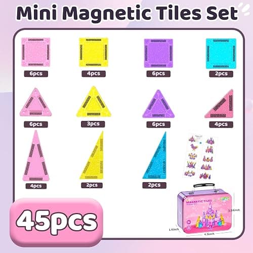 SKTMYY Mini Magnetic Tiles,45PCS Portable Travel Magnetic Tiles Set with Iron Case for Kids Ages 3+,Creative STEM Montessori Toy for Girls,2 3 4 5 Year Old Girl Birthday Gift thumbnail 6