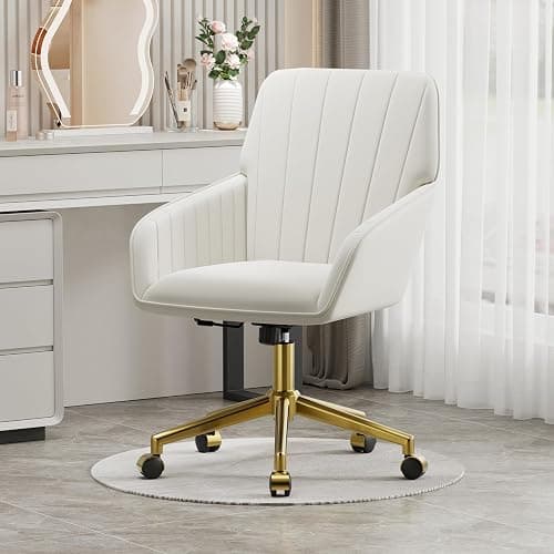 YISHENG Velvet Home Office Chair with Gold Base Upholstered Tufted Modern Height Adjustable 360 Degree Swivel Desk Chair with Wheels, Vanity Chairs for Living Room, Bedroom,Study Room (Cream) thumbnail 6