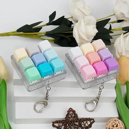 2 Pack 9 in 1 Keyboard Fidget Toy, Keyboard Fidget Keychain Anti-stressKeyboard Decompression Button Finger Clicker Toys Stress Relief Fidget Gifts (Mix Blue Pink) thumbnail 2