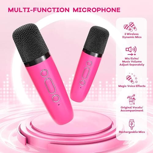 YLL Mini Karaoke Machine for Kids Toys, Portable Bluetooth Speaker with 2 Wireless Microphones, Birthday Gifts for Girls 3, 4, 5, 6, 7, 8, 9, 10, 11, 12+ Years Old Toddler Teens (Hotpink) thumbnail 4