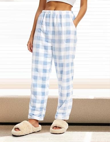 Wyeysyt 2 Pack Womens Plaid Fluffy Pajama Pants Fuzzy Fleece Lounge Pants Elastic Waist Wide Leg Pants with Pocket Pj Bottoms thumbnail 5