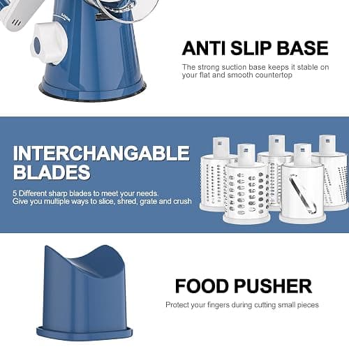 Cambom Rotary Cheese Grater Hand Crank Cheese Shredder for Fresh Cheese, Vegetable, Nuts, Non-slip Suction Base,Five Blades, Deep Blue thumbnail 8