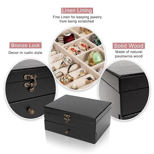 Pinzoveco Jewelry Box for Women, Rustic Wooden Jewelry Organizer Box for Storage Earrings Rings Necklace Bracelet, Farmhouse Style Wood Jewelry Boxes & Organizers (Black) thumbnail 6