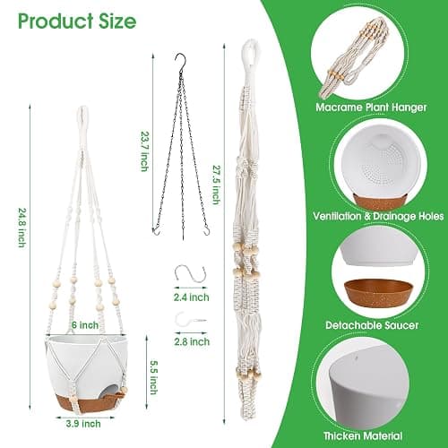 Vanslogreen Hanging Planters for Indoor Outdoor Plants, 2 Pack Self Watering Hanging Pots, Hanging Plant Baskets with Drainage Holes & 2 Types of Plant Hangers (White, 6'') thumbnail 3