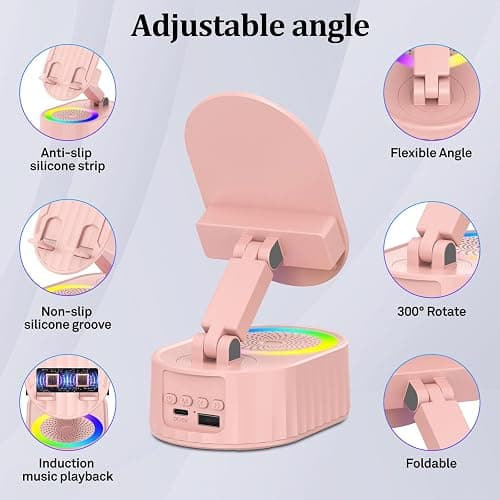 AKLLCCR Wireless Induction Audio Bluetooth Speaker 5in1 Phone Holder Emergency Rechargeable (3000mAh) with Colorful Ambient Light 300° Foldable for Tablet iPhone Android, Womens Birthday Gifts(Pink) thumbnail 3