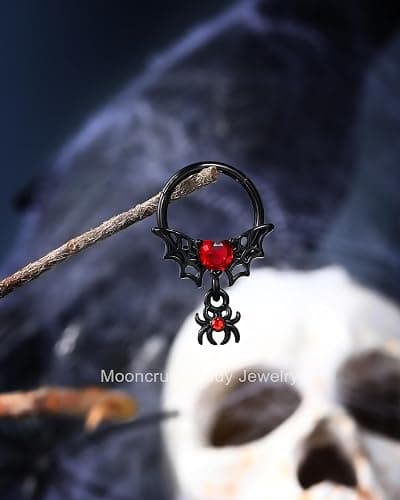 Mooncrush Jewelry Gothic Black Septum Ring 16G Spider Dangle With Red Heart Daith Piercing Jewelry - Stainless Steel thumbnail 5