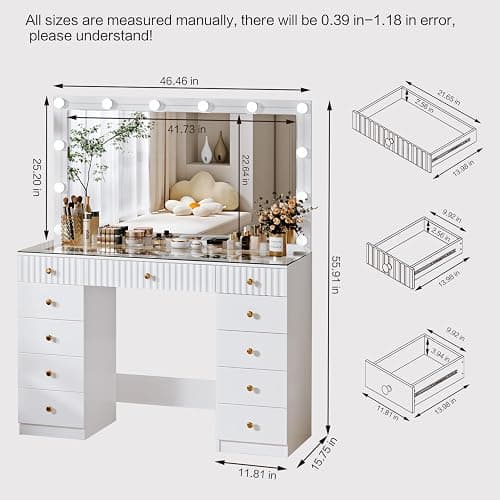Arulvmrn Fluted Makeup Vanity Desk with 46" HD Lighted Mirror,Big Modern Vanity Desk with Mirror and 12 LED Lights, Dressing Table with 11 Drawers, Glass Top for Bedroom,White thumbnail 2
