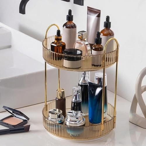 INVSSENE 360 Rotating Makeup Organizer, Yellow, Unisex, 2 Tier Countertop Storage, Large Capacity, Cosmetics, Perfume, Skincare, Lipsticks - Image 1