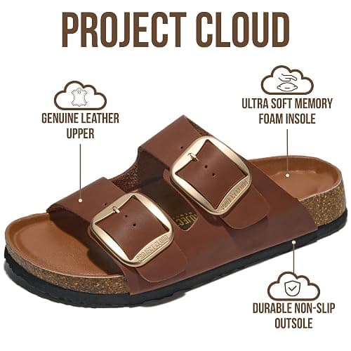 Project Cloud 100% Genuine Leather Flat Sandals for Women 2026 Comfortable Beach Essentials Womens Sandals Memory Foam Vacation Essentials Slides for Women Footwear (Santorini) thumbnail 3