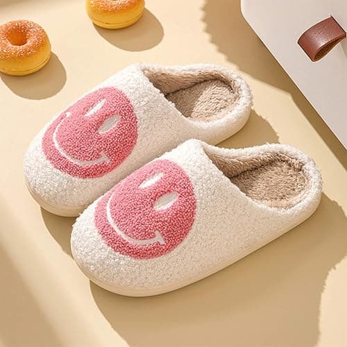 Smile Face Slippers for Women Happy face slippers Retro Soft Plush Warm Slip-on Slippers, Cozy Indoor Outdoor Slippers - 8.5-9.5 Women/7.5-8.5 Men - Pink thumbnail 5