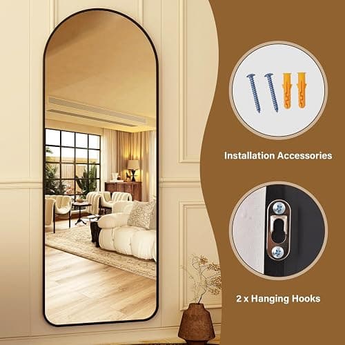 HARRITPURE 64"x21" Arched Full Length Mirror Floor Mirrors with Aluminum Alloy Frame Free-Standing Wall Mounted or Leaning Large Bedroom Dressing Mirror Modern & Contemporary Decor for Home,Black thumbnail 7