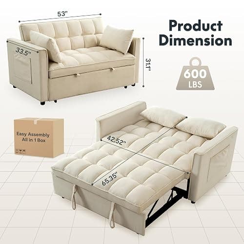FLEXISPOT XCT4 Pull Out Couch, 3-in-1 Sleeper Sofa Bed with Adjustable Backrest, Loveseat Sleeper with Pillows & Side Pockets, Convertible Futon Couch for Small Spaces Guest Room Apartment, Cream thumbnail 2