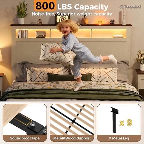 FUNKOCO Farmhouse Bedroom Set, Full Wood Bed Frame & Nightstands Set of 2 | 3-Piece Bed Frame with Cat & Dog Bed, Storage Headboard and 2 Drawers, LED Lights & Charging Station, No Box Spring Needed thumbnail 4
