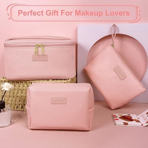 MAANGE Makeup Bag Waterproof Travel Cosmetic Bag PU Leather Cosmetic Pouch Portable Makeup Organizer Bag Large Capacity Toiletry Bag Multifunctional Storage Make Up Bag for Women (Pink, 3Pcs) thumbnail 7