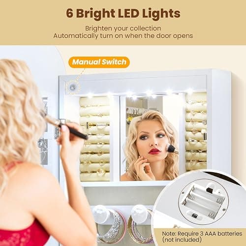 GOFLAME Rounded Mirror Jewelry Cabinet, Wall Mounted Over the Door Jewelry Armoire Organizer, 16.5" x 42.5" Wide Full Length Mirror with Storage, Built-in LED Makeup Mirror, Modern, Lockable, White thumbnail 7