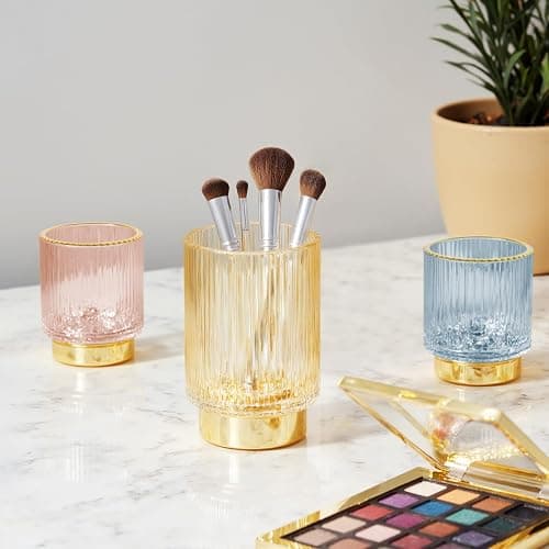 FullMeet Makeup Brush holder Organizer, Crystal Glass Toothbrush Holders, Striped Make Up Brush Holder for Vanity, Pen Holder for Desk, Vase -White (S+L) thumbnail 2