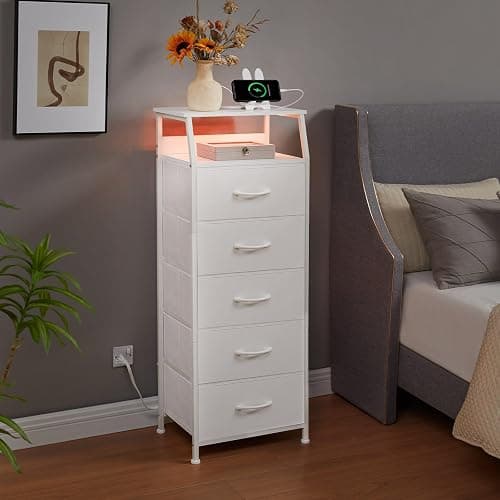 Somdot White Nightstand with Charging Station and LED Light for Bedroom, Tall 5 Drawers Dresser with Fabric Bins for Bedside Kids Dorm Room Closet Laundry Entryway, White Leather - 11"D x 16.5"W x 45.3"H (5 Drawers) - White Leather thumbnail 2
