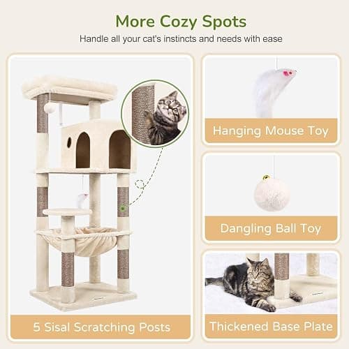 Globlazer Cat Tree Tower with Scratching Post for Indoor Cats, 53inch Tall Plush Multi-Level Cat Climbing Tower Condo House with Large Hammock, Spacious Cat Cave, Big Padded Top Perch Bed, F53, Beige thumbnail 5