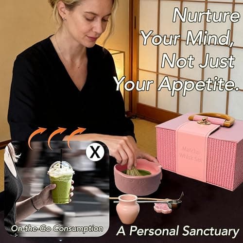 GZIXBDA 8Pcs Matcha Whisk Set, Matcha Set Includes Ceramic Matcha Bowl, Whisk and Holder, Bamboo Scoop, Scoop Rest, Sifter, Measuring Spoons and Tea Towel Tea Kit Gift Set for Women (Pink) thumbnail 6