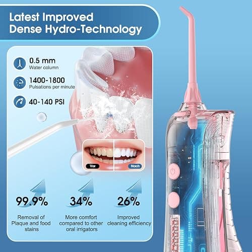 Leominor Water Dental Flosser - 5 Modes Cordless Portable Oral Irrigator, IPX7 Waterproof, Rechargeable Teeth Cleaner Upgrade Datchable Tank Professional Flossing Cleaning Pick for Home Travel (Pink) thumbnail 3
