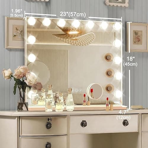 Ratsamee Hollywood Vanity Mirror with Lights, 15 Dimmable Bulbs, 3 Color Lights,Make Up Lighted Mirror, Aluminum Metal Frame, USB Charging Port（23" x 18"） thumbnail 2