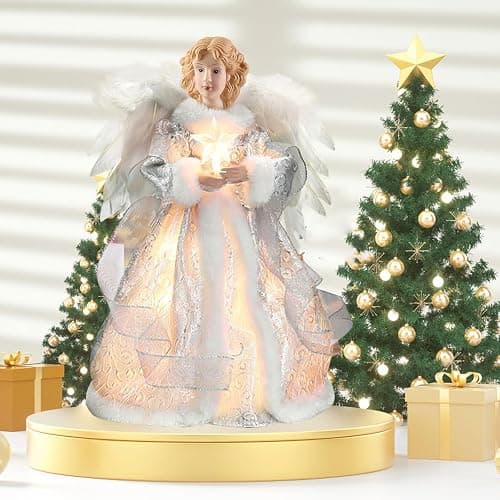 Bigking Angel Christmas Tree Topper, 12 Inches Tall, White Feather Wings and Led Lights. Christmas Tree Angel Ornament, for Home, Holiday Parties, Weddings, Christmas Celebrations. thumbnail 6
