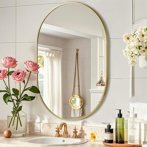 JENBELY Gold Oval Mirror, 17x30 Inch Pill Shaped Metal Frame Mirror, Oval Bathroom Mirrors for Over Sink, Wall-Mounted Mirrors for Hallway,Living Room, Fireplace - Image 1