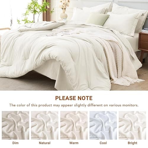 MUXHOMO 7 Pieces Queen Comforter Set, Soft Bed in a Bag Queen Size, All Season Bedding Set with Comforter, Flat Sheet, Fitted Sheet, Pillowcases & Shams, Ivory thumbnail 8
