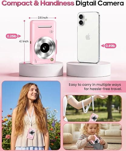 Digital Camera 4K for Kids-48MP Autofocus Vlogging Camera with 32GB Card, 16X Zoom, Anti-Shake, Compact Point and Shoot Camera for Teens Beginners, Birthday Gift Pink thumbnail 2
