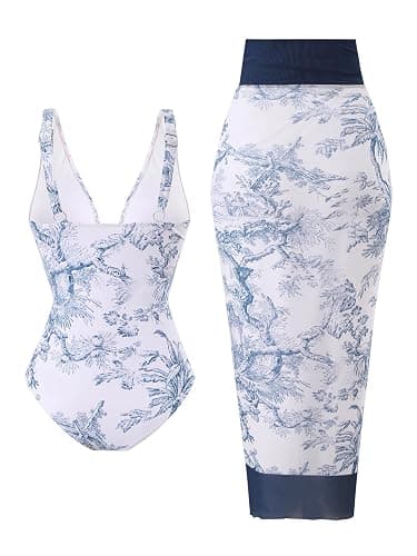 SherryDC One Piece Swimsuit with Cover up Wrap Skirt Sarong Floral Print Plunge V Neck Bathing Suit for Women thumbnail 4
