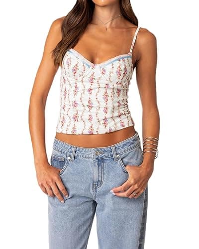 Women Teens Cute Babydoll Tops Y2k Floral Lace Trim Camisole Ruffle Tank Top Summer Flowy Peplum Top Streetwear - Image 1